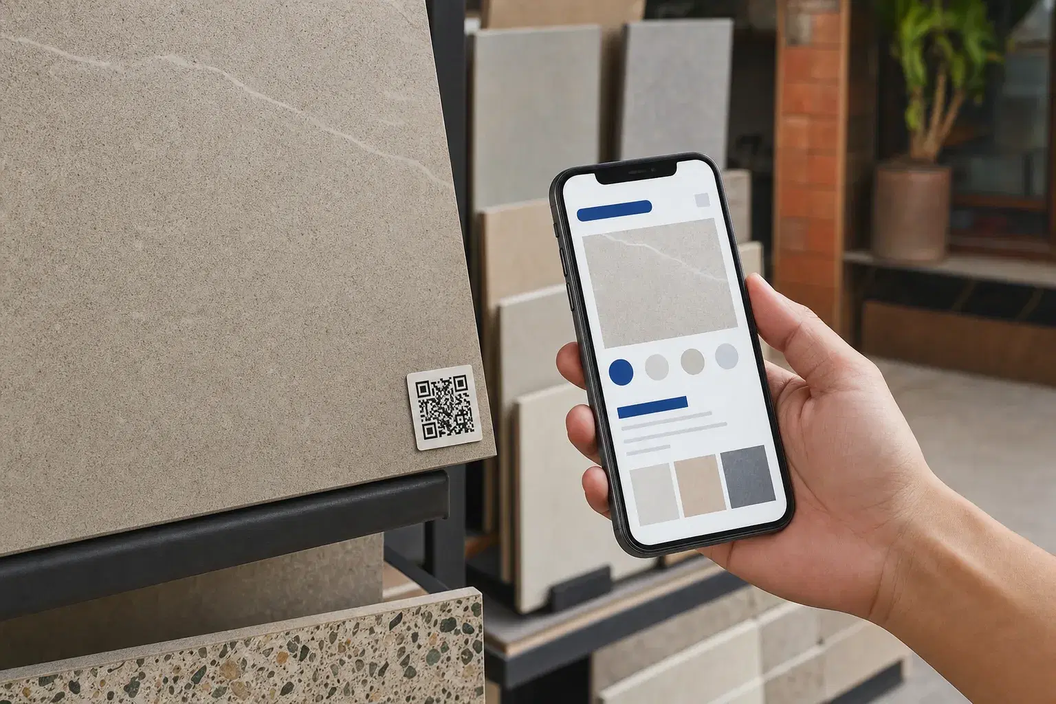 Pelanggan memindai QR pada sample keramik untuk membuka halaman produk toko